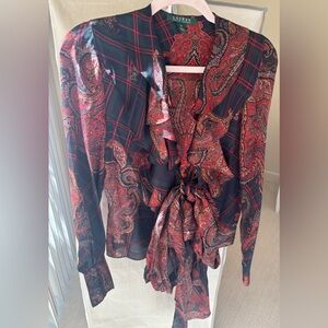 Lauren Ralph Lauren Red and Black Paisley Silk Ruffled Top Size Medium